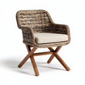 Woven rattan accent chair with cushion and natural wood frame 70 x 65 x 85cm
