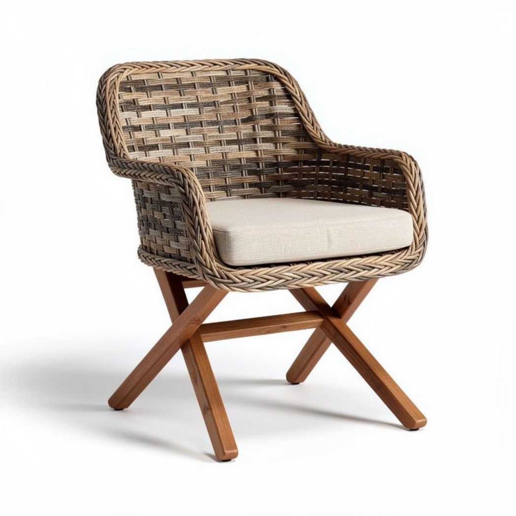 Woven rattan accent chair with cushion and natural wood frame 70 x 65 x 85cm