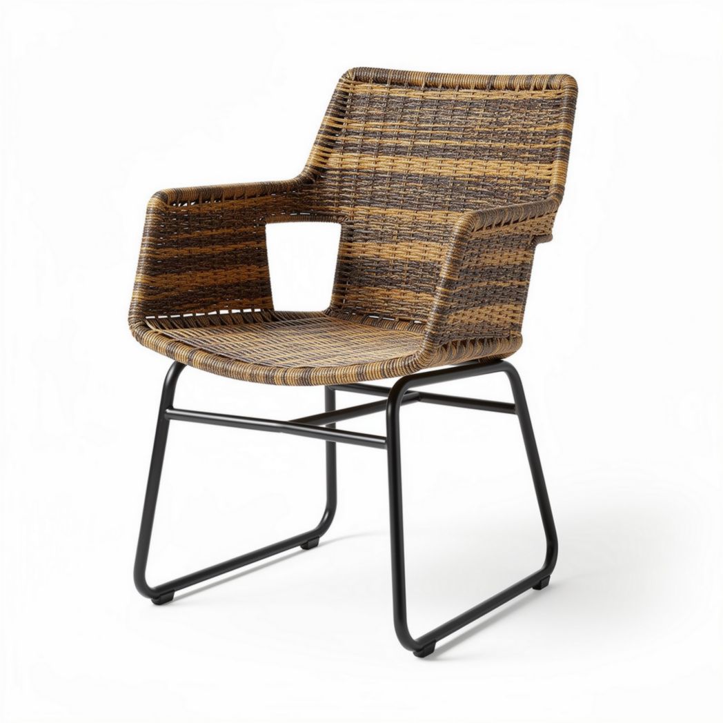 Woven rattan dining chair with armrests and metal frame in brown and black