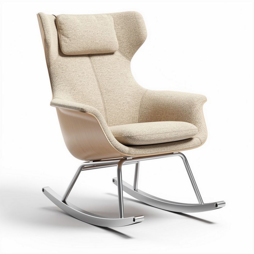 Rocking chair with wooden base and fabric upholstery in beige color 80 x 75 x 100cm
