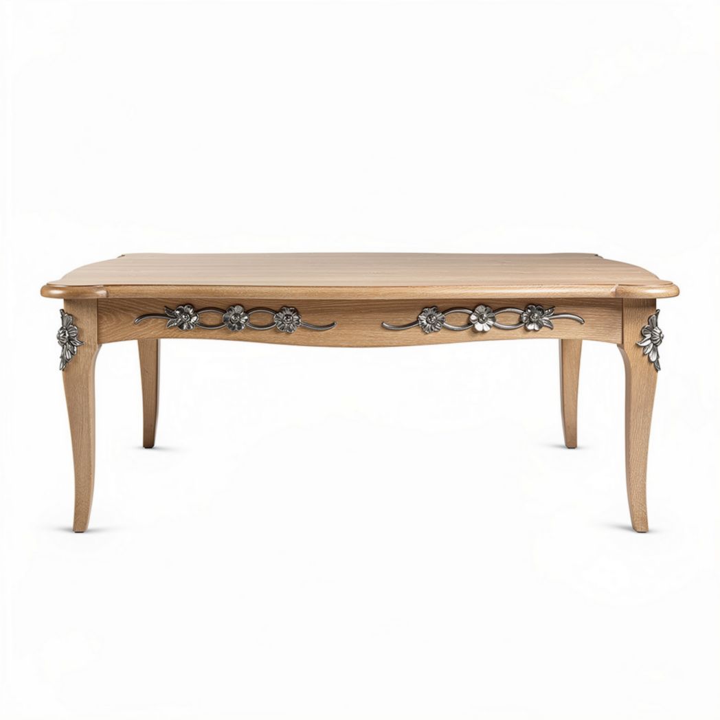 Wooden dining table with floral carving accents and natural finish 150 x 90 x 75cm
