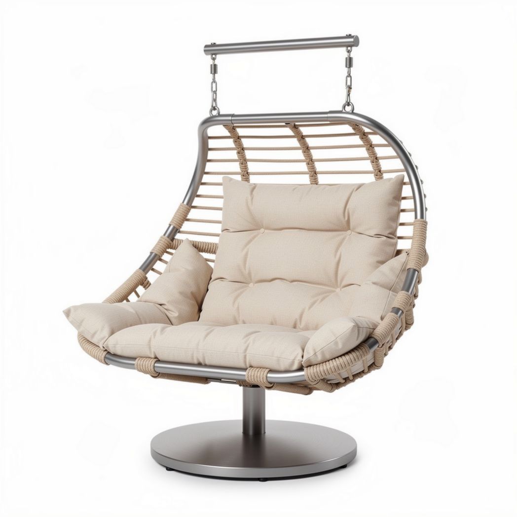 Hanging lounge chair with padded cushions and steel frame in beige