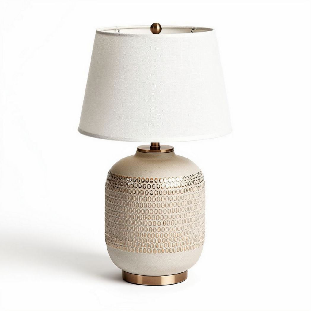 Ceramic table lamp with red glaze and beige linen shade 30 x 30 x 50cm