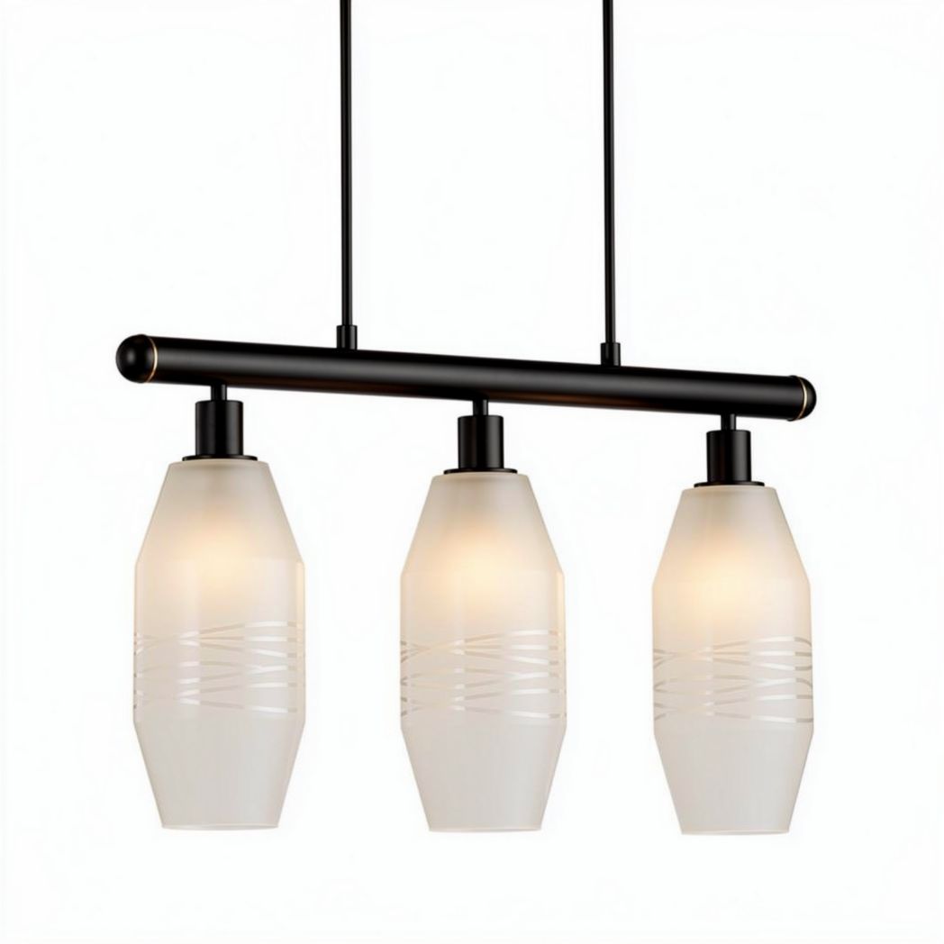 Modern three-light pendant fixture with frosted glass shades black finish 30 x 15 x 15cm