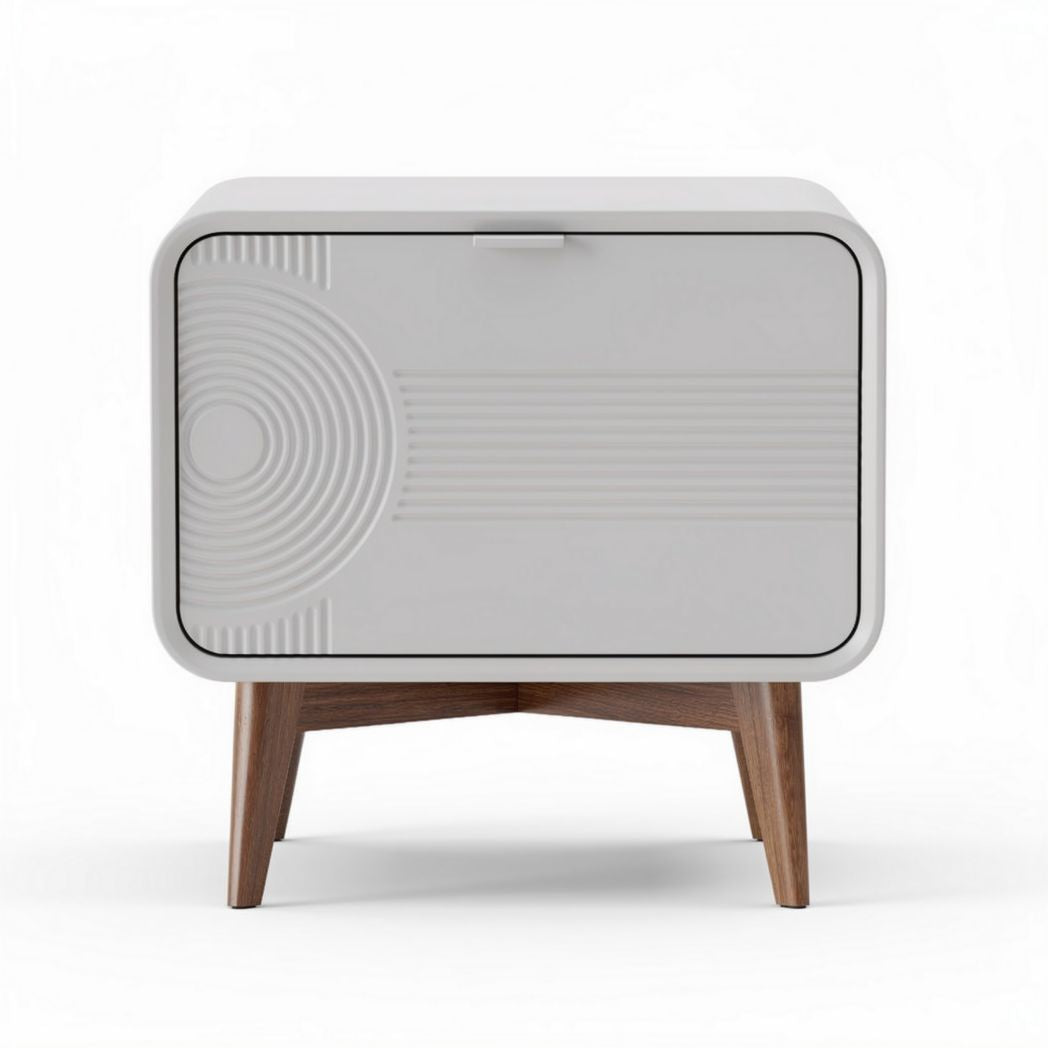 White nightstand with geometric design and wooden legs 50 x 40 x 40cm